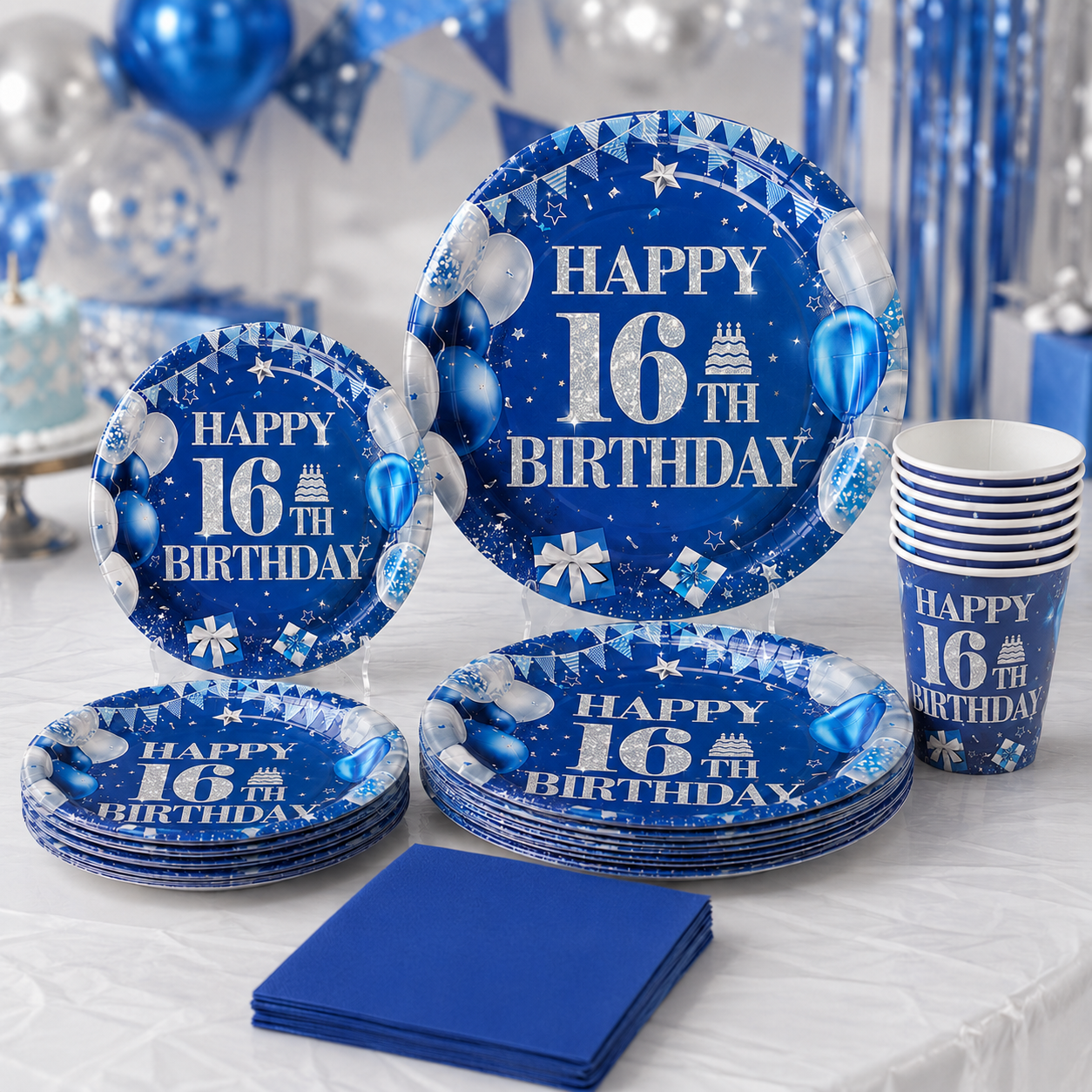 16th Birthday Blue Tableware Kit for 8